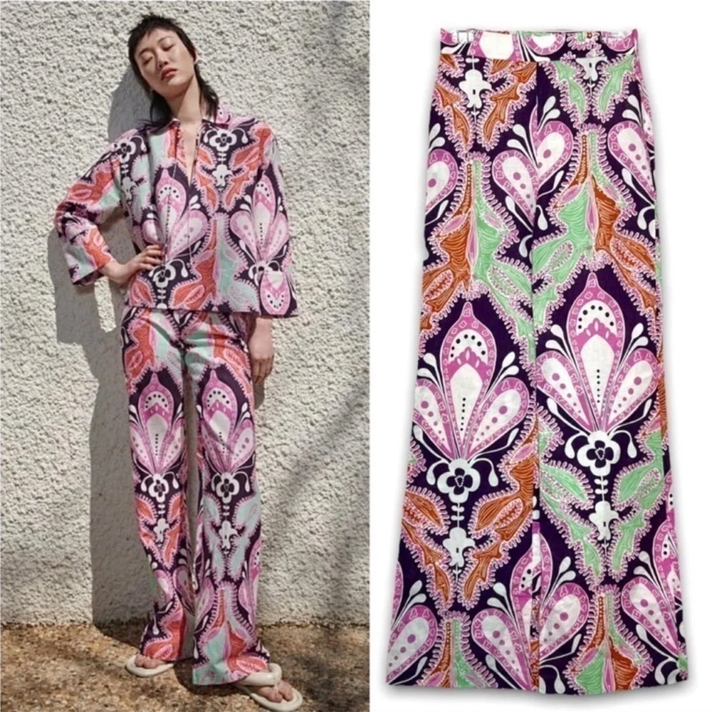 Zara paisley multicoloured printed retro bohemian flare pants - Picture 3 of 15